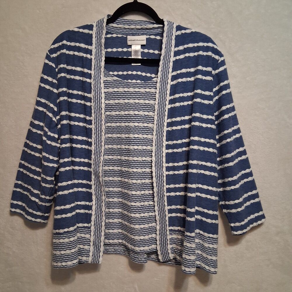 Alfred Dunner L Top Textured Stripe Layered Look Cardigan & Shell Blue Coastal
